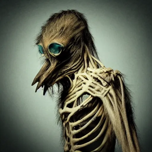 Image similar to a haunting human bird creature with broken limbs, horrifying ultra detailed photograph with dramatic lighting and fur and hair and bones and nightmares