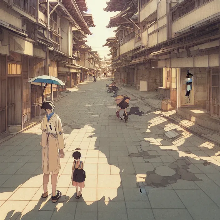 Image similar to empty japanese city, summer, in the style of studio ghibli, j. c. leyendecker, greg rutkowski, artem