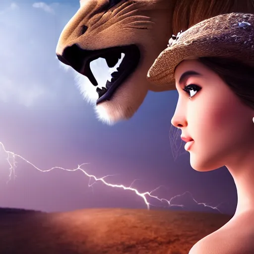 Image similar to girl riding a lion, extremely detailed, high quality, 4 k, cinematic, dramatic lightning, photo realistic, beautiful face, highly detailed face