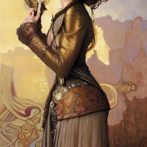 Image similar to Young Keira Knightley with sword and potions drawn by Donato Giancola and Tom Bagshaw, face by Artgerm, overall design by Alphonse Mucha, background by James Jean and Gustav Klimt, light by Julie Bell, 4k, porcelain skin, komorebi, french nouveau, trending on artstation, octane render, hyperrealistic