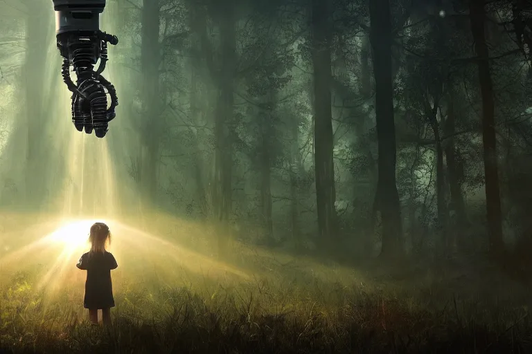 Image similar to the great beyond, sci - fi scene future new york, little girl holding a hand of a big robot, forest punk, crepuscular rays, epic scene, hyper realistic, photo realistic, overgrowth, cinematic atmosphere, ethereal lighting