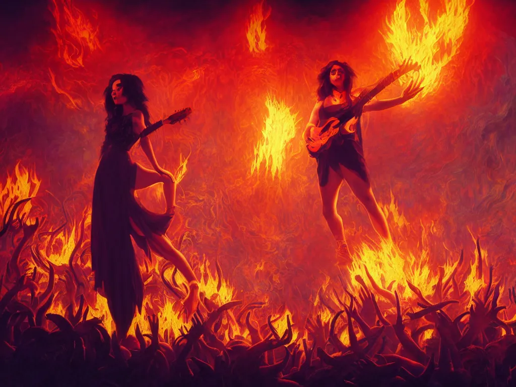 Image similar to live concert promotional photograph of a female rock singer in concert in hell, brightly lit stage centered and on fire, high contrast, stage lighting, pyrotechnics, ghibli animated film, volumetric lighting, octane render by stanley artgerm lau, greg rutkowski, thomas kindkade, alphonse mucha, loish, norman rockwel,