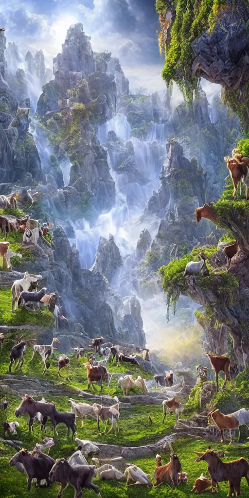 Image similar to a herd of goats! on stairs in a beautiful fantasy cathedral, epic, grandiose, many goats, magic, tall towers, gorgeous clouds, colorful, sunrays, digital painting, landscape, octane render, unreal engine, high detail, very realistic, by jacek yerka