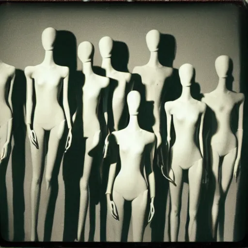 Image similar to dark room filled with shadowy mannequins with distorted faces, distuburbing, horror, nightmare, terrifying, surreal, nightmare fuel, old polaroid, blurry, expired film, lost footage, found footage,