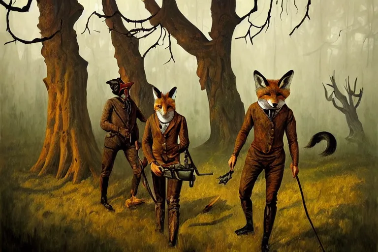 Image similar to ( ( a beautiful masterpiece painting ) a english fox hunter and a monster in a hunting lodge ( by ( barloe ) and ( anato finnstark ) and ( greg rutkowski ) and ( ) and i ( francis picabia ) ) ( camouflage ) ( hyperrealism ) ( trending on artstation )