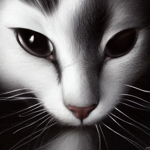 Prompt: black and white cat, with a black spot under the mouth, by Stanley Artgerm Lau, WLOP, Rossdraws, James Jean, Andrei Riabovitchev, Marc Simonetti, Yoshitaka Amano, ArtStation, CGSociety,