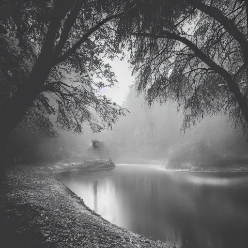 Image similar to a photo of a dream world, forest, river, skull, church, dark lighting