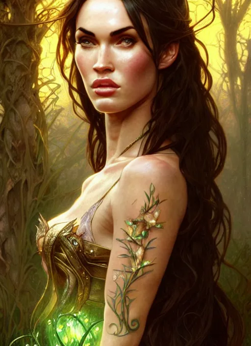 Image similar to portrait of megan fox as fairy, elves, irish, once upon a time, intricate, headshot, highly detailed, digital painting, artstation, concept art, sharp focus, cinematic lighting, illustration, art by artgerm and greg rutkowski, alphonse mucha, cgsociety