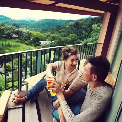 Prompt: couple drinking coffee morning balcony rain peaceful