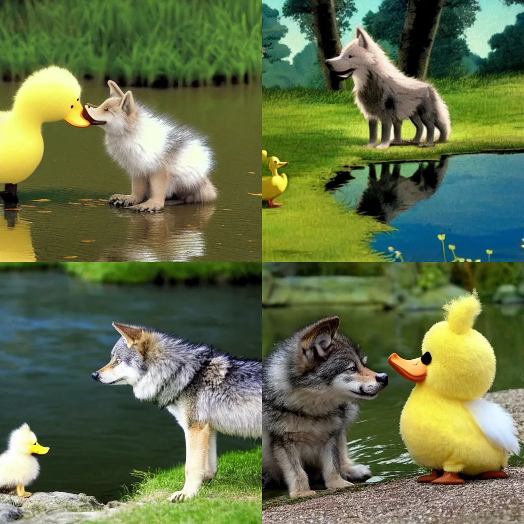 Prompt: cute wolf pup talking to a fluffy yellow duckling on the shore of a pond, by studio ghibli