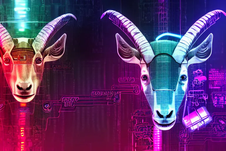 Image similar to complex cyberpunk machine background merged with evil cybernetic goat head in center focus, multicolored digital art