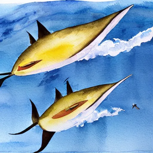 Prompt: yellow fin tuna chasing ballyhoo near surface frigate flying above detailed watercolor painting