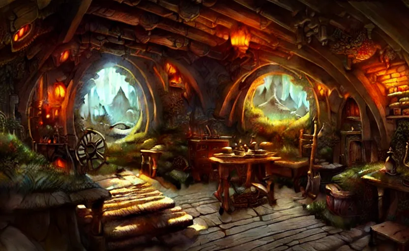 Image similar to hobbit house interior, fantasy atmosphere, intricate, detailed, photorealistic imagery, artstation, by Greg Rutkowski and Gaston Bussiere and Evgeny Lushpin