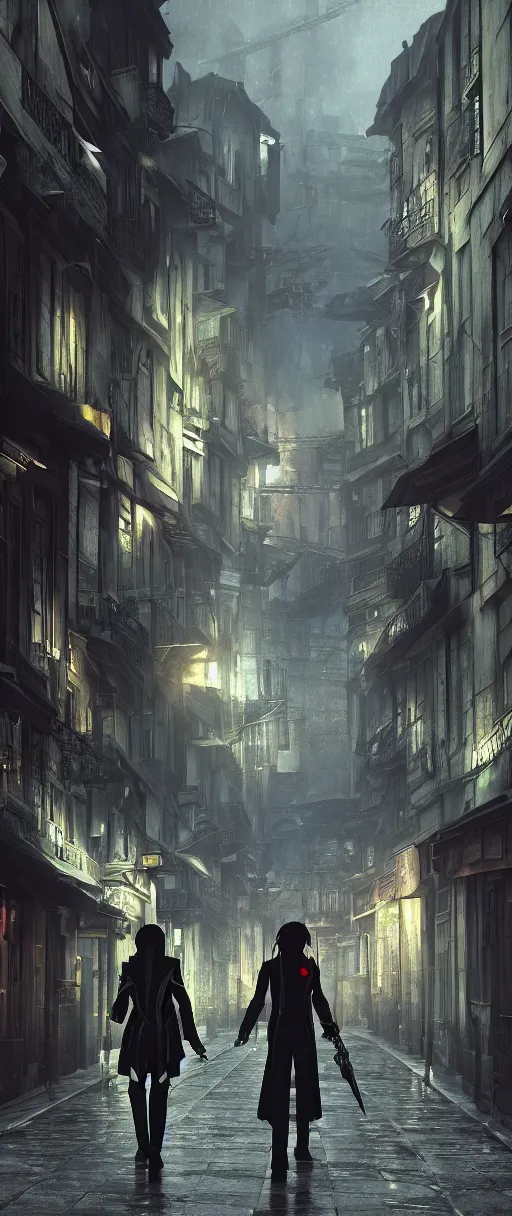 Image similar to lelouch lamperouge and asuka langley roaming the streets of dishonored town, dunwall city, redshift render, cinematic lighting, rainy weather, melancholy atmosphere, dunwall city, volumetric light, octane render, dishonored game, dishonored 1, gothic architecture, realistic reflections