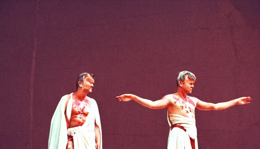 Prompt: 1 9 6 0 s movie still close - up of caligula in a white toga bleeding heavy on ancient amphitheater, cinestill 8 0 0 t 3 5 mm, high quality, heavy grain, high detail, dramatic light, anamorphic