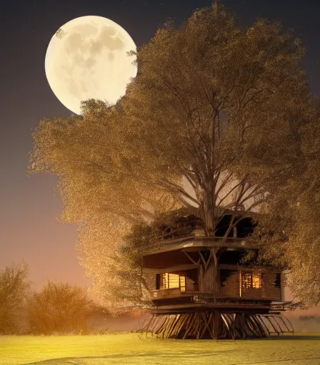 Prompt: Elegant architectural visualization of an elegant tree house at twilight, Alexander Milne Calder and Chiharu Shiota rendered in octane, a gem in in the desert, ethereal, 8k hd matte painting, detailed and realistic, under the full moon