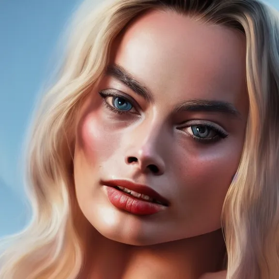 Image similar to Margot Robbie wearing a short and a t-shirt, ultra realistic, 8K resolution, detailed, Artstation, epic