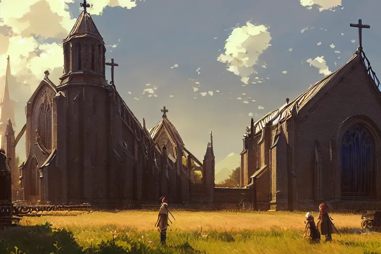 Image similar to concept art of a huge church with chain drive aka churchtank in an open field, key visual, ambient lighting, highly detailed, digital painting, artstation, concept art, sharp focus, by makoto shinkai and akihiko yoshida and hidari and greg manchess