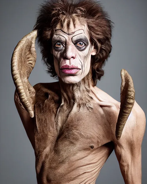 Image similar to actor Mick Jagger in Elaborate Pan Satyr Goat Man Makeup and prosthetics designed by Rick Baker, Hyperreal, Head Shots Photographed in the Style of Annie Leibovitz, Studio Lighting