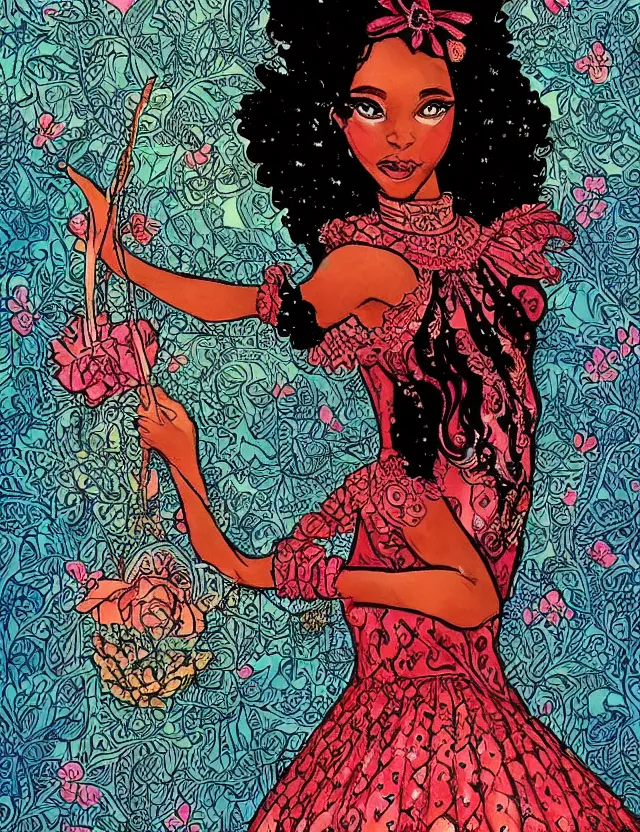 Prompt: black - skinned princess of the strawberry cream valley, wearing a filigree dress. this heavily stylized watercolor by an indie comic artist has interesting color contrasts, plenty of details and impeccable lighting.