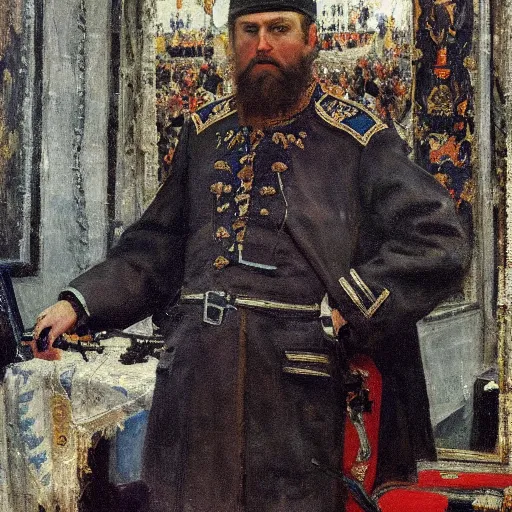 Image similar to portrait of tsar in Cap of Monomakh Ivan the Terrible watching smartphone masterpiece painting by vasnetsov and surikov, JEAN-VICTOR BERTIN, by Terence Cuneo, detailed, artfully traced, 4k resolution, cinematic, dramatic