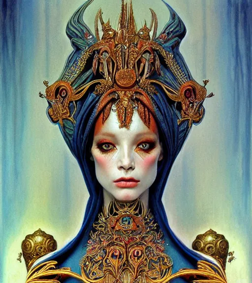 Image similar to symmetrical painting, a beautiful female succuba queen in dress, pretty, detailed and intricate, perfect body shape, perfect face, hypermaximalist, elegant, ornate, luxury, elite, matte painting, cinematic lighting, james jean, brian froud, wayne barlowe