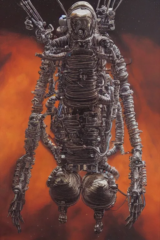 Prompt: beautiful oil clean painting biomechanical spaceman with spacesuit connected to the machine by wayne barlowe, rembrandt, complex, stunning, realistic skin color, 4 k, high res, awardwinning, masterpiece, realistic lighting