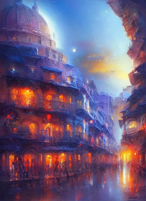 Image similar to ethereal starlit city of magic lost in time at sunset, italian futurism, art station, johan grenier, hd, digital painting