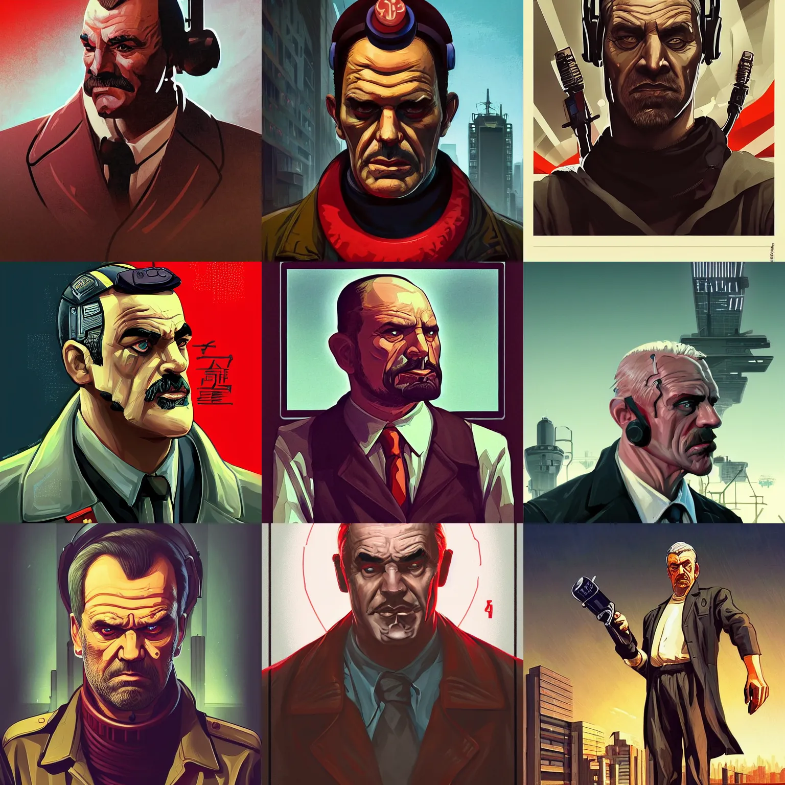 Prompt: a portrait of a stern older man with a round face and a salt and pepper goatee, in the style of a soviet era propaganda poster, cyberpunk dark fantasy art, gta 5 cover, official fanart behance hd artstation by jesper ejsing