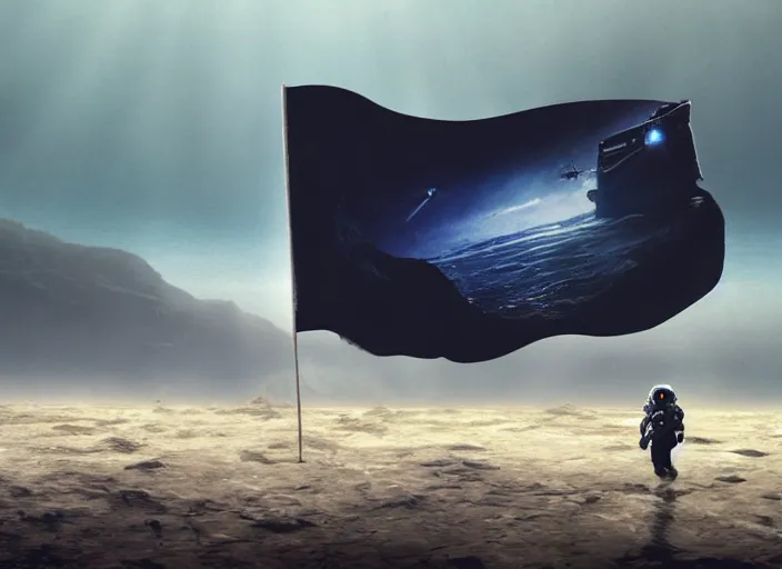 Image similar to astronaut holding a flag in an underwater desert. a submarine is visible in the distance. dark, concept art, cinematic, dramatic, atmospheric, 8 k, trending on artstation, blue, fish, low visibility, fog, ocean floor, christopher nolan, interstellar