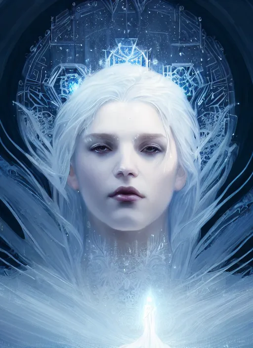 Prompt: a beautiful white haired ice queen, glowing magic snowflakes, intricate concept art, elegant, highly detailed, digital painting, smooth, sharp focus, illuminated lines, outrun, vaporware, illuminated runes, cyberpunk darksynth, ethereal, ominous, misty, 8 k, by ruan jia and craig mullins and alphonse mucha