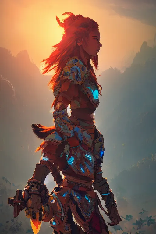 Image similar to combination suit armor aloy horizon forbidden west horizon zero dawn radiating a glowing aura global illumination ray tracing hdr fanart arstation by ian pesty and alena aenami artworks in 4 k tribal robot ninja mask helmet backpack