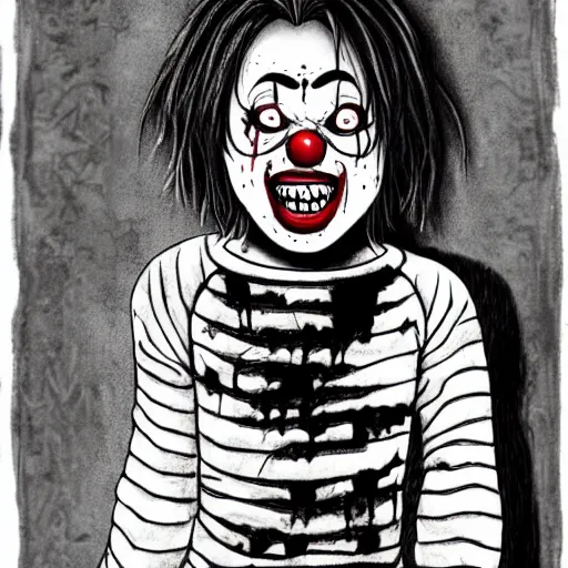 Image similar to grunge drawing of a happy clown in the style of the grudge | horror themed | loony toons style