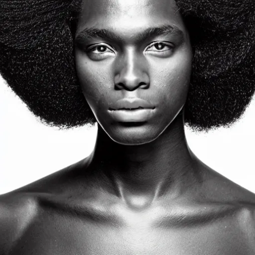 Prompt: close up of head of a black fashion model with large afro at the edge of active etna vulcan, official valentino editorial, highly detailed