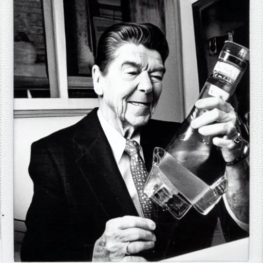 Prompt: blurry polaroid, ronald reagan drinking a handle of liquor, 1 9 7 0 s, americana - n 4