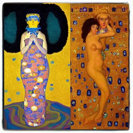 Image similar to “Homer and Marge Simpson from TV series The Simpsons are kissing. Painting by Gustav Klimt , Oil and gold leaf on canvas. Golden period. National Art Gallery. Marge Simpson with her signature blue beehive hairstyle.”