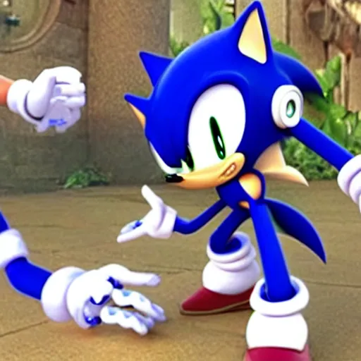 Prompt: Robot sonic fighting the real sonic, ultrarealistic