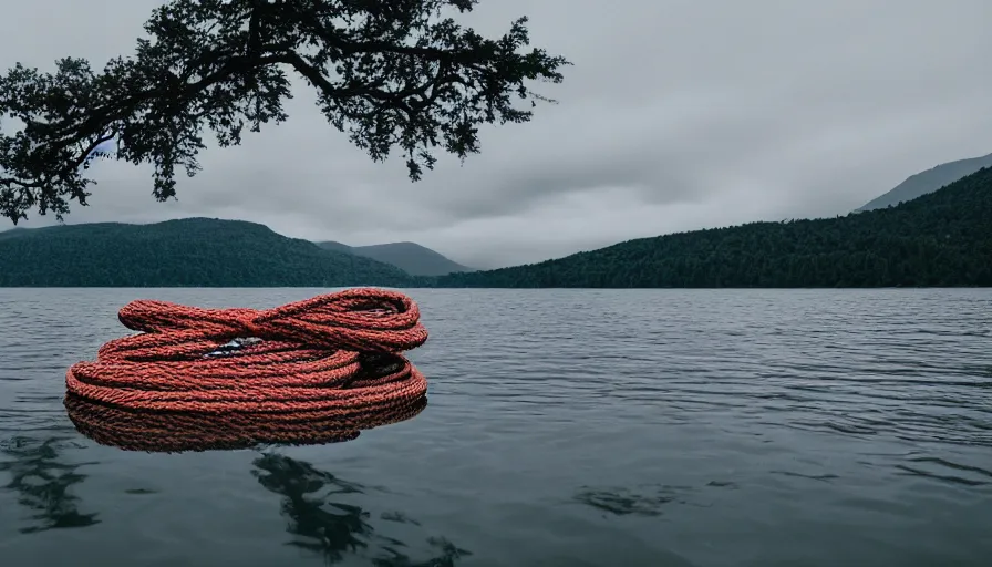 Image similar to rope floating to surface of water in the middle of the lake, overcast lake, rocky foreground, 2 4 mm leica anamorphic lens, moody scene, stunning composition, hyper detailed, color kodak film stock