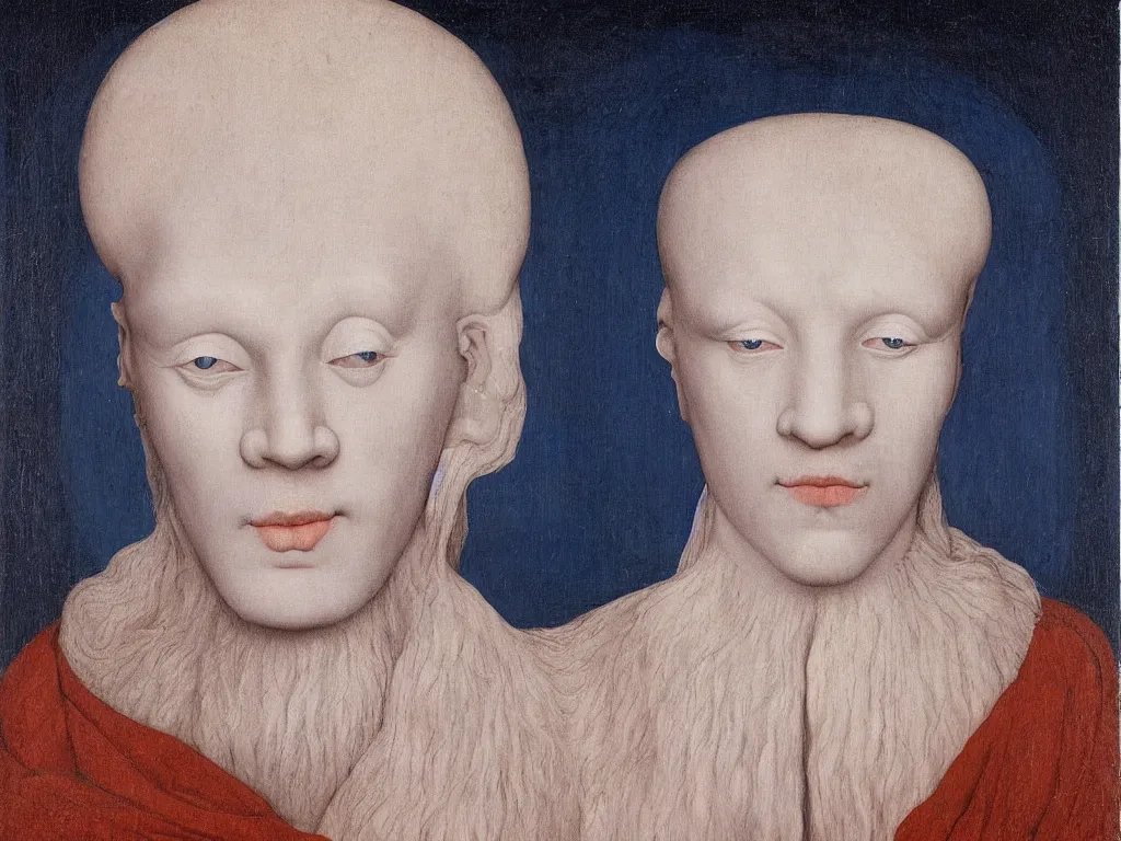 Image similar to Portrait of albino mystic with blue eyes, with Gandhara sculpted heads. Painting by Jan van Eyck, Audubon, Rene Magritte, Agnes Pelton, Max Ernst, Walton Ford