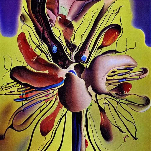 Image similar to carnivorous flower by Salvador Dali painting, ultra detail, brush strokes, teeth.