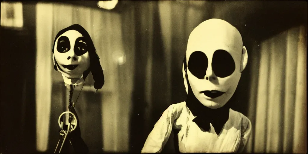 Prompt: 1 9 7 0 s female alive, mime, eerie, creepy masked marionette puppet, unnerving, clockwork horror, pediophobia, lost photograph, dark, forgotten, final photo found before disaster, realistic, vintage noir, polaroid,