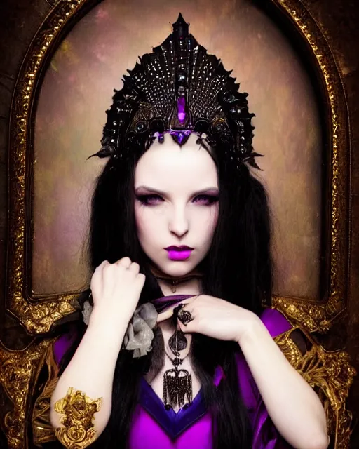 Image similar to a beautiful image of a young woman, Liliana Vess the last hope, dark enchantress, long flowing black hair, ornate headdress, Victorian purple and black elegant costume, young female face, cinematic top lighting, insanely detailed and intricate, face by wlop, Charlie Bowater, golden ratio, symmetric, elegant, ornate, luxury, elite, matte painting, cinematic, LIliana character from MTG, Magic the Gathering, trending on artstation, deviantart and cgsociety, 8k, high resolution