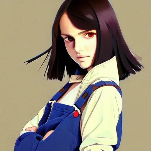 Image similar to a beautiful! boyish! natalie portman alluring gravure! model, wearing oversized mayan bomber jacket and leotard with overalls, bulky poofy bomber jacket with mayan patterns, gapmoe yandere grimdark, trending on pixiv fanbox, painted by greg rutkowski makoto shinkai takashi takeuchi studio ghibli, akihiko yoshida