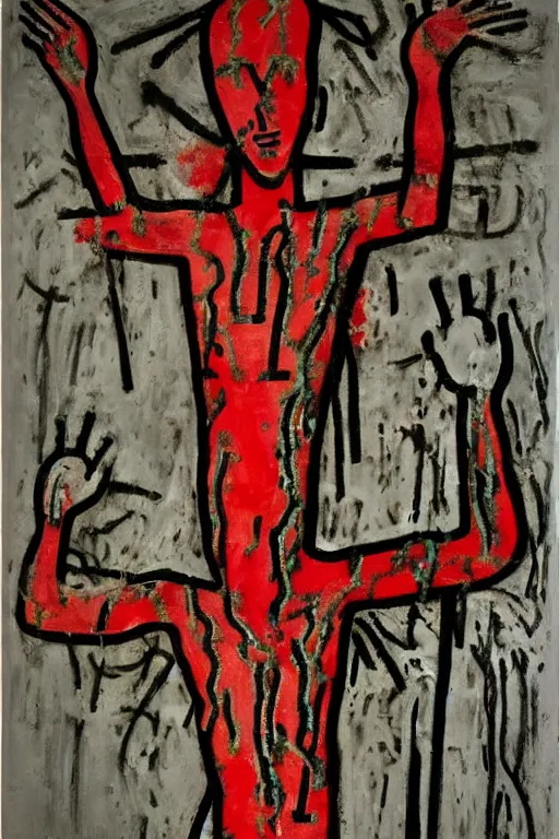 Image similar to bloody jesus christ crucified painted by cy twombly and keith haring