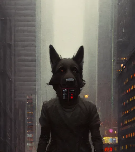 Image similar to new york city portrait of furry anthro anthropomorphic german shepard head animal person fursona wearing clothes strange cybernetic muzzle gloomy rainy cyberpunk digital art by Greg Rutkowski, Simon Stalenhag, christopher nolan trending on Artstation, CGSociety