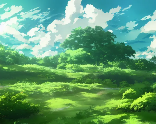 Image similar to illustration of a wide shot green hills with clouds in the background, | | anime key visual, official media, illustrated by wlop, extremely detailed, 8 k, trending on pixiv, cinematic lighting, beautiful