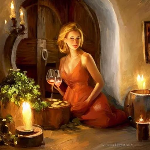 Image similar to wine cellar full of food, torches on the wall, schnapps, romantic, inviting, cozy, blonde woman, painting Vladimir Volegov