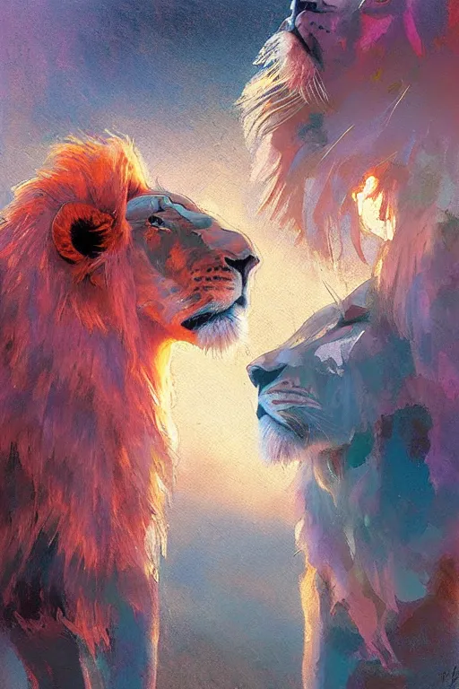 Image similar to spiritual twin flame lion art, pink sunset hue, highly detailed, oil painting hue, by craig mullins