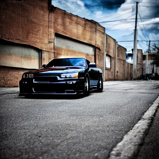 Image similar to Nissan GTR R34 Parked in alley cannon photo 1mp