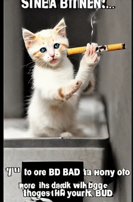 Image similar to motivational poster with a picture of a depressed kitten smoking a cigarette, the caption reads bag nag bad daggy